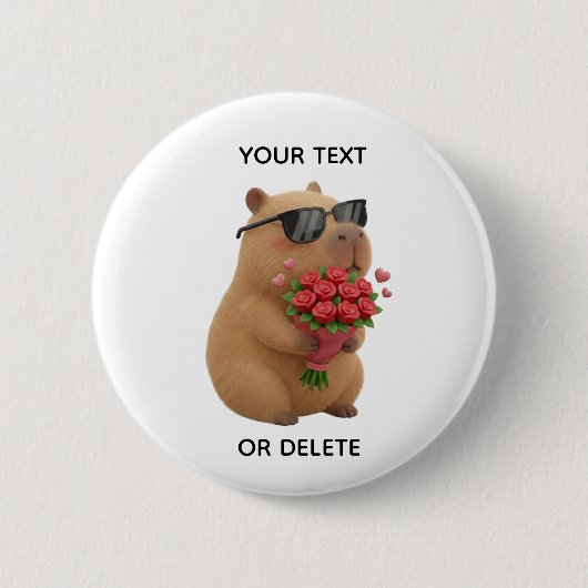 Cute Capybara Rose Bouquet Valentine Pin Button 缶バッジ (正面)