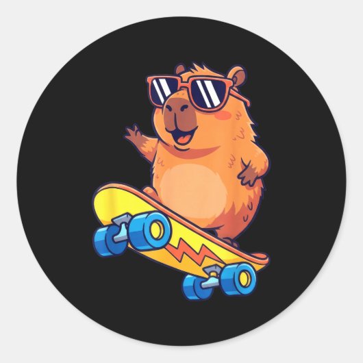 Cute Capybara Skateboarding Chill Animal Lover Art ラウンドシール (正面)