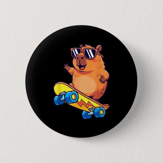 Cute Capybara Skateboarding Chill Animal Lover Art 缶バッジ (正面)