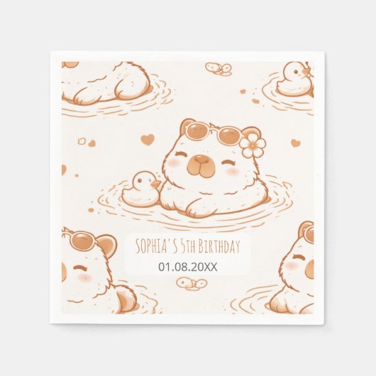 Cute Capybara With Sunglasses Kids Birthday Party スタンダードカクテルナプキン (正面)