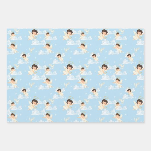 Cute Cartoon Angels And Doves Seamless Pattern ラッピングペーパーシート (正面)