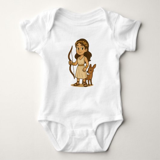 Cute Cartoon Artemis Baby Bodysuit | Greek Goddess ベビーボディスーツ (正面)