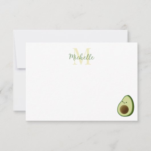 Cute Cartoon Avocado Custom Monogram ノートカード (正面)