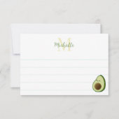 Cute Cartoon Avocado Custom Monogram Lined ノートカード (正面)