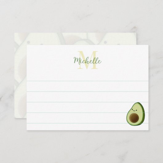 Cute Cartoon Avocado Custom Monogram Lined ノートカード (正面/裏面)