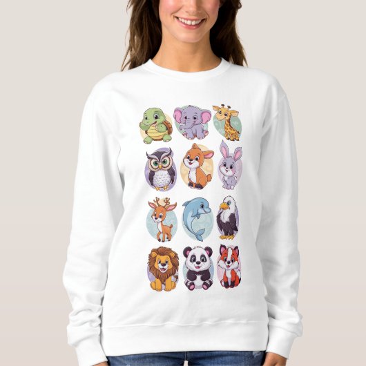 Cute Cartoon Baby Animals Pattern Women's Basic  スウェットシャツ (正面)