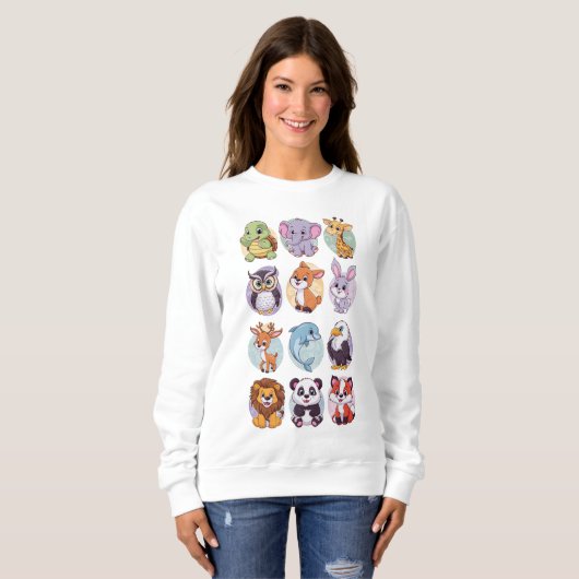 Cute Cartoon Baby Animals Pattern Women's Basic スウェットシャツ (正面フル)