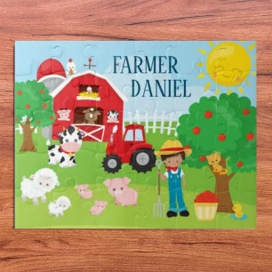 Cute Cartoon Barnyard Animals, Farmer, and Tractor ジグソーパズル