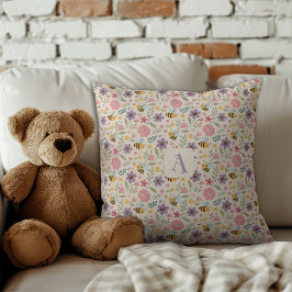 Cute cartoon bee flower pastel pattern monogram クッション