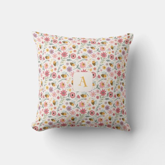 Cute cartoon bee flower pink pattern monogram クッション (正面)