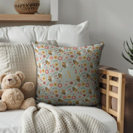 Cute cartoon bee flower yellow pattern monogram クッション