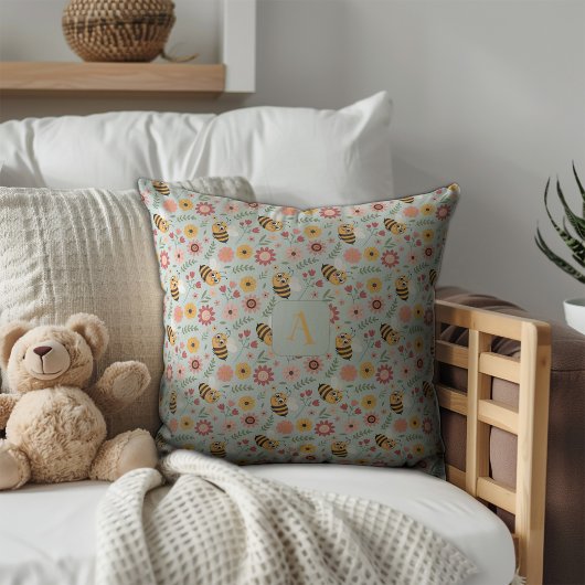 Cute cartoon bee flower yellow pattern monogram クッション