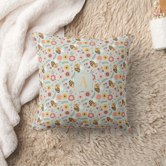 Cute cartoon bee flower yellow pattern monogram クッション (ブランケット)