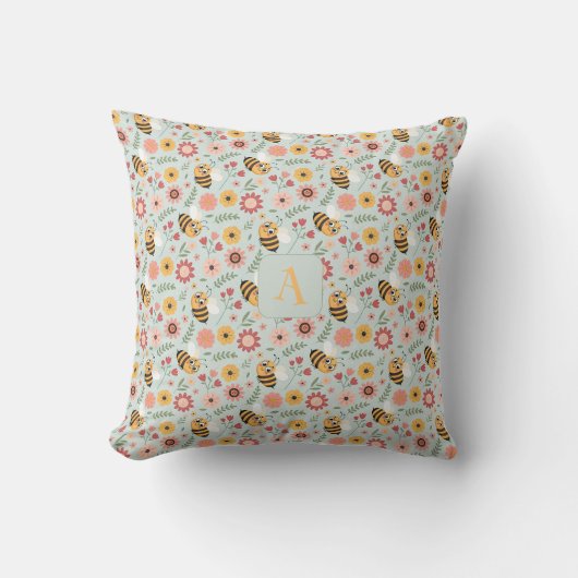 Cute cartoon bee flower yellow pattern monogram クッション (正面)