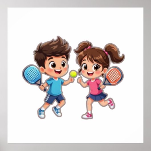 Cute Cartoon Boy and Girl Playing Padel Tennis – F ポスター (正面)