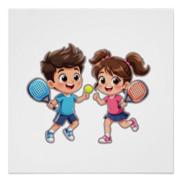 Cute Cartoon Boy and Girl Playing Padel Tennis – F ポスター