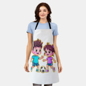 Cute Cartoon Boy and Girl Playing Soccer Together エプロン (着用した状態)