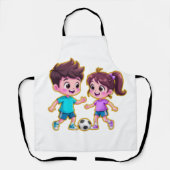 Cute Cartoon Boy and Girl Playing Soccer Together エプロン (正面)