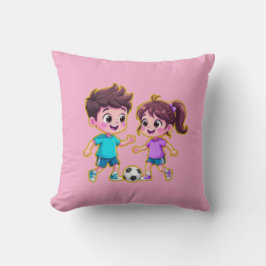 Cute Cartoon Boy and Girl Playing Soccer Together  クッション