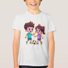 Cute Cartoon Boy and Girl Playing Soccer Together  トライブレンドＴシャツ