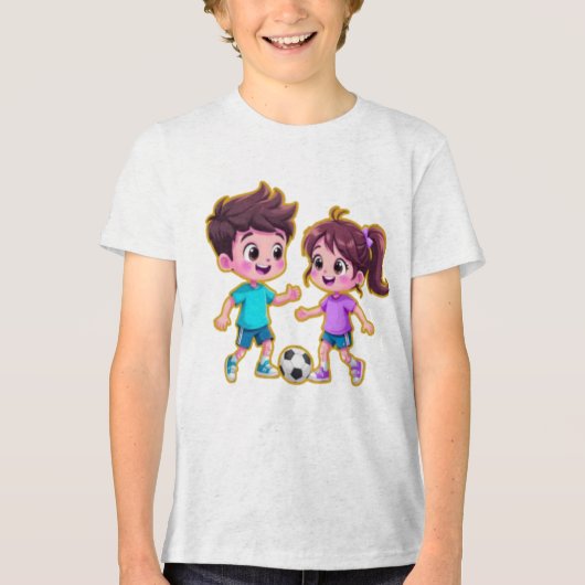 Cute Cartoon Boy and Girl Playing Soccer Together トライブレンドTシャツ (正面)