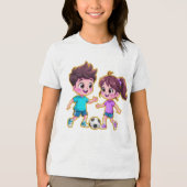 Cute Cartoon Boy and Girl Playing Soccer Together トライブレンドTシャツ (正面)