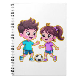 Cute Cartoon Boy and Girl Playing Soccer Together  ノートブック