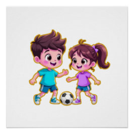 Cute Cartoon Boy and Girl Playing Soccer Together  ポスター