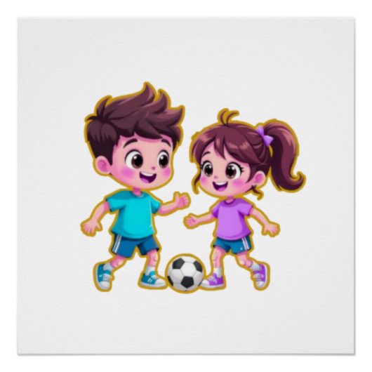 Cute Cartoon Boy and Girl Playing Soccer Together  ポスター (正面)