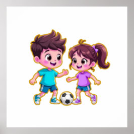 Cute Cartoon Boy and Girl Playing Soccer Together  ポスター