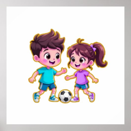 Cute Cartoon Boy and Girl Playing Soccer Together  ポスター (正面)