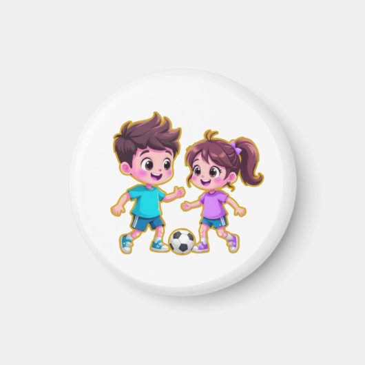 Cute Cartoon Boy and Girl Playing Soccer Together  マグネット (正面)