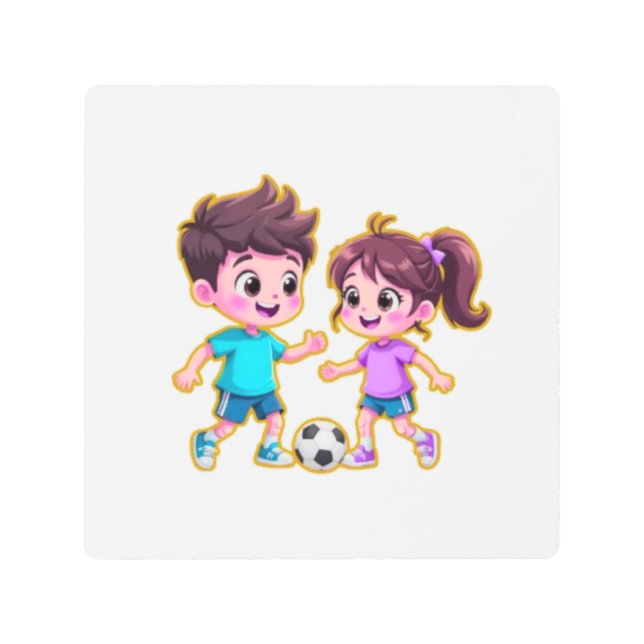 Cute Cartoon Boy and Girl Playing Soccer Together  メタルプリント (正面)