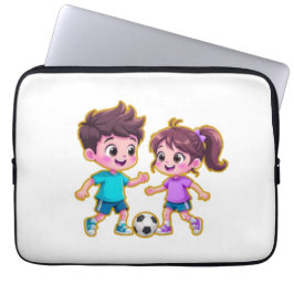 Cute Cartoon Boy and Girl Playing Soccer Together  ラップトップスリーブ