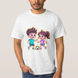 Cute Cartoon Boy and Girl Playing Soccer Together  Tシャツ