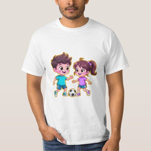 Cute Cartoon Boy and Girl Playing Soccer Together Tシャツ (正面)