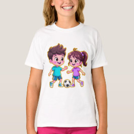 Cute Cartoon Boy and Girl Playing Soccer Together  Tシャツ