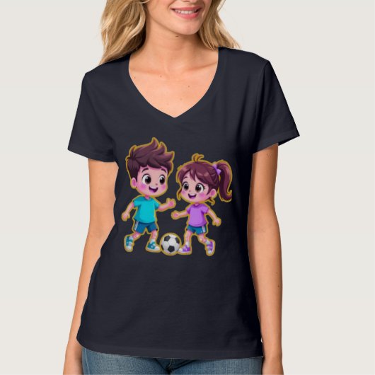 Cute Cartoon Boy and Girl Playing Soccer Together  Tシャツ (正面)