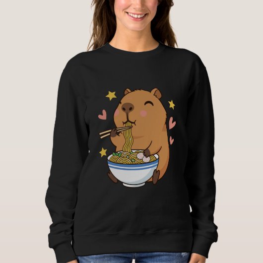 Cute Cartoon Capybara Eating Ramen with Chopsticks スウェットシャツ (正面)