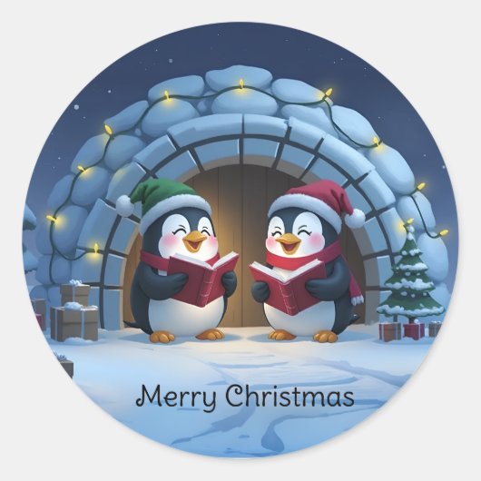 Cute Cartoon Caroling Penguins ラウンドシール (正面)