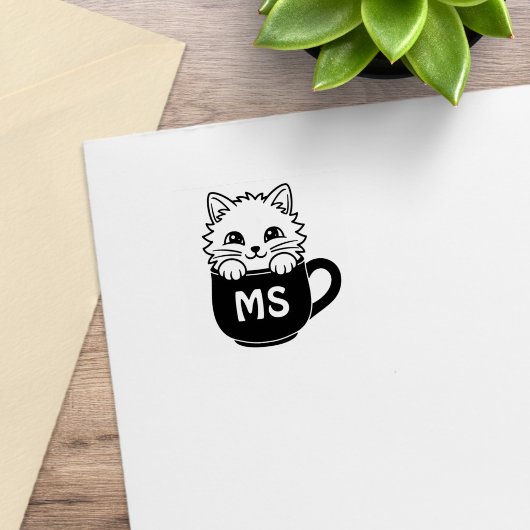 Cute Cartoon Cat Coffee Mug Monogram Initial 1x1 ラバースタンプ