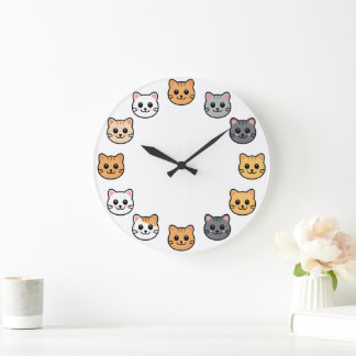 Cute Cartoon Cat Faces Kawaii Feline Wall Clock ラージ壁時計