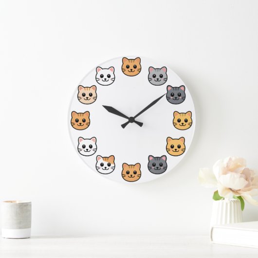 Cute Cartoon Cat Faces Kawaii Feline Wall Clock ラージ壁時計 (ホーム)