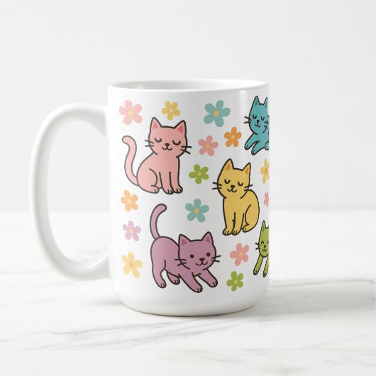 Cute Cartoon Cat & Flower Mug – Spring Pastel  コーヒーマグカップ (左)