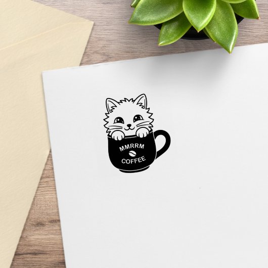 Cute Cartoon Cat in a Coffee Mug 1x1 ラバースタンプ