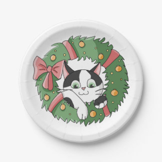 Cute Cartoon Cat in Christmas Wreath ペーパープレート