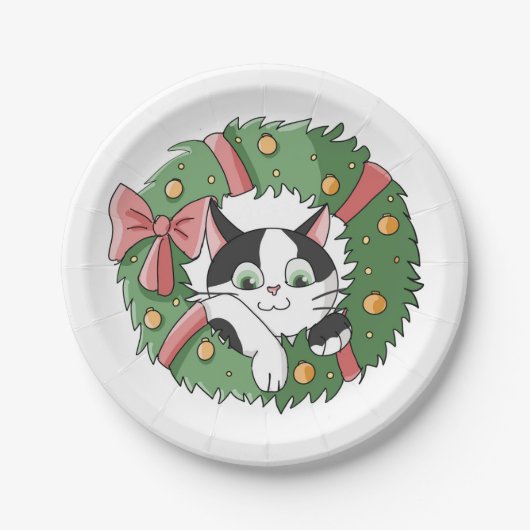 Cute Cartoon Cat in Christmas Wreath ペーパープレート (正面)
