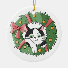Cute Cartoon Cat in Christmas Wreath Ornament セラミックオーナメント
