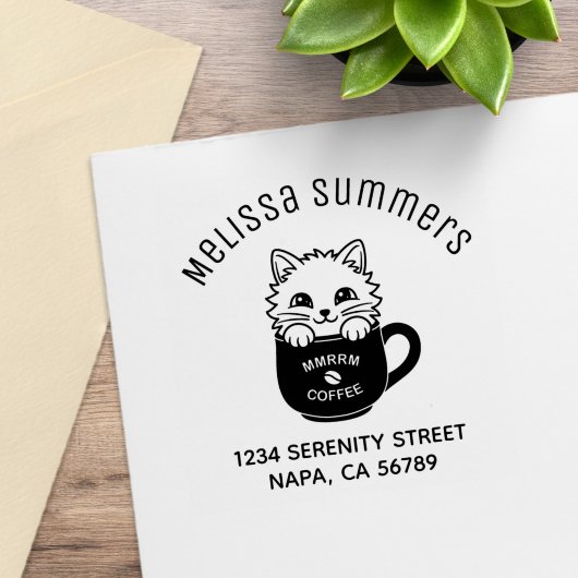 Cute Cartoon Cat in Coffee Mug Arch Address ラバースタンプ