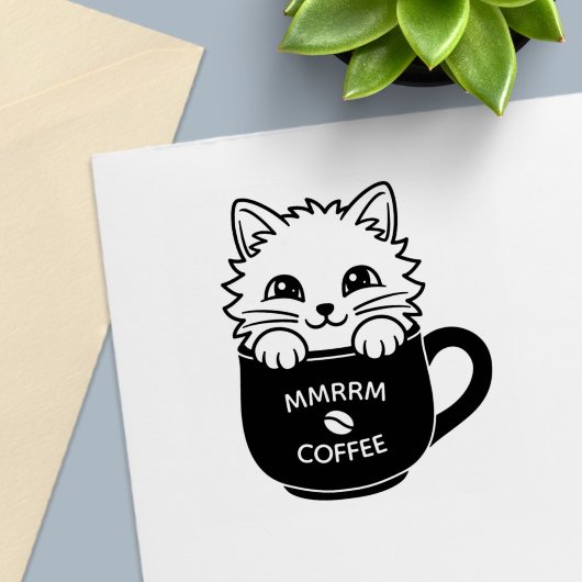 Cute Cartoon Cat in Coffee Mug Custom Text セルフインキングスタンプ